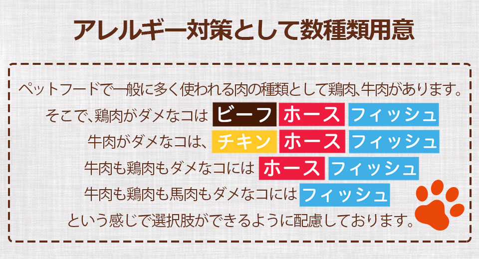アレルギー対策として数種類用意。ペットフードで一般に多く使われる肉の種類として鶏肉、牛肉があります。そこで、鶏肉がダメなコはビーフ、ホース、フィッシュ。牛肉がダメなコはチキン、ホース、フィッシュ。牛肉も鶏肉もダメなコにはホース、フィッシュ。牛肉も鶏肉も馬肉もダメなコにはフィッシュという感じで選択肢ができるように配慮しております。■気がけて使っていない内容--以下の原料は一切使用しておりません--小麦、トウモロコシ、ビートパルプ、チキンミール、フェザーミール、肉骨粉、鶏副産物、肉副産物、防カビ剤、防腐剤、BHT、BHA、酸化防止剤、合成保存料、着色料、香料、中国産原材料不使用、遺伝子組み換え農作物不使用(Non-GMO)、危険なエトキシキン、BHA、BHT、亜硝酸ナトリウム