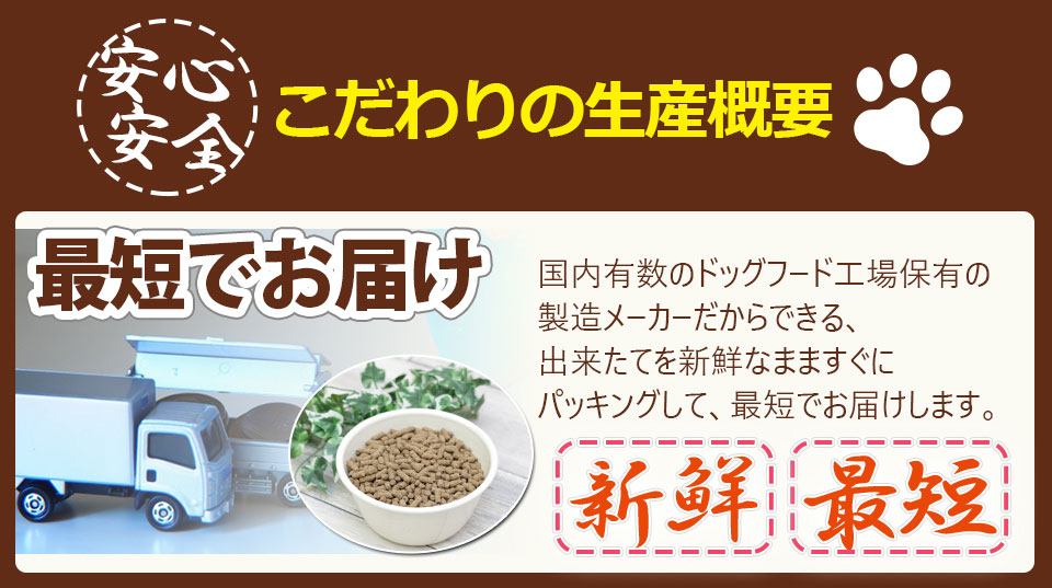 ■こだわりの生産概要。国内有数のドッグフード工場保有の製造メーカーだからできる、出来たてを新鮮なまますぐにパッキングして、最短でお届けします。生肉や魚は鮮度を落とさないように冷凍のままミンチにし、短時間で穀物や他の原材料と攪拌混合します。通常、ドッグフードの製造にはエクストルーダーという高温高圧でペットフードを押し出す機械を使用しますが、 200℃以上の熱がかかることによりたんぱく質の変性や油脂の酸化、栄養素が熱損失してしまい添加物で補う必要がでてきます。 シェフドッグは手作りごはんの調理のように蒸し焼きの状態で作っていくので、 必要以上に自然の栄養素を損なわず無添加のおいしいごはんができあがります。乾燥は大量生産するために高温短時間で乾燥するのではなく、素材の栄養素を最大限生かす為、60度程度で一晩かけて低温乾燥します。低温加工、乾燥するので油脂の酸化をできる限り抑えるよう工夫しています。■ノンオイルコーディング。低温で加工する為、配合時にひまわり油などを予め投入しても製造が可能になります。エクストルーダー式の場合、先に油を投入してしまうと油脂の酸化が促進してしまいますし、機械の構造上、先に配合できない仕様の場合もあるようです。